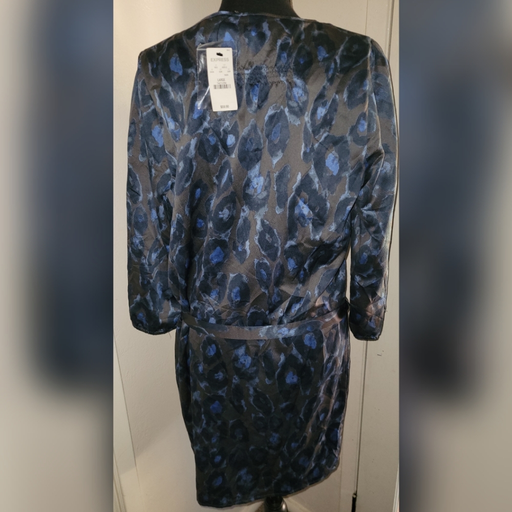 Express Blue Leopard Print Button Down Belted Dre… - image 3